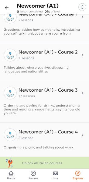 Babbel Italian Review: A screenshot of learning path