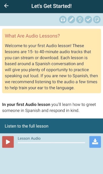 Interactive audio lessons to learn Spanish with Rocket languages app